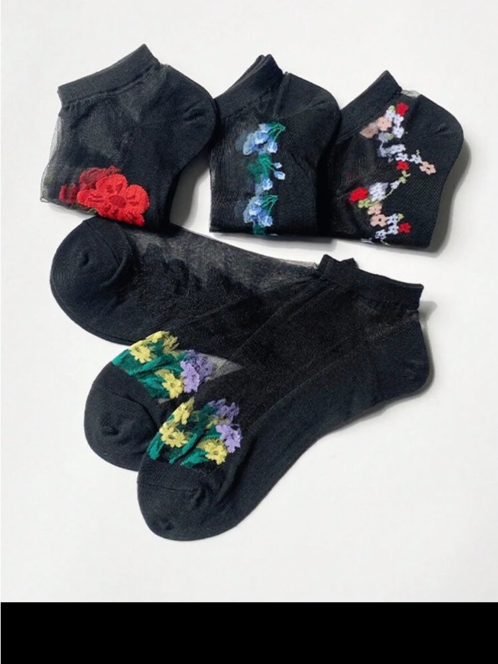 Black Floral Ankle Socks - Pack of 5 - Picture 3 of 6